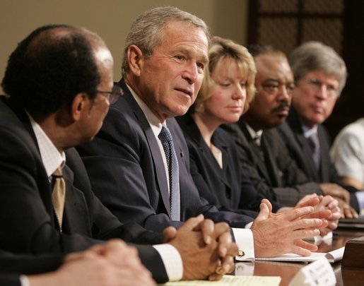 President George W. Bush meets with representatives from national voluntary and charitable organizations, Tuesday, Sept. 6, 2005, in the Roosevelt Room of the White House, to receive an update on the work being done by volunteers and charities in areas affected by Hurricane Katrina. White House photo by Paul Morse
