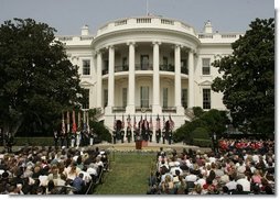 President George W. Bush addresses guests on the South Lawn of the White House, Friday, Sept. 9, 2005, during the 9/11 Heroes Medal of Valor Award Ceremony and to honor the courage and commitment of emergency services personnel who died on Sept. 11, 2001.  White House photo by Paul Morse