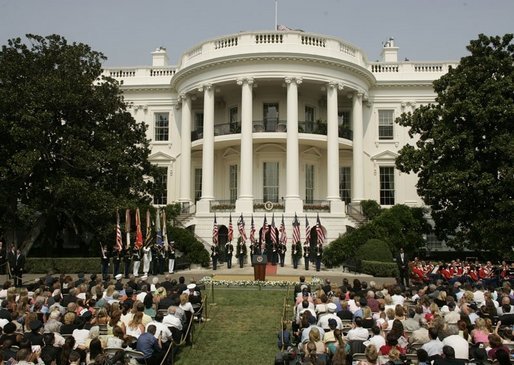 President George W. Bush addresses guests on the South Lawn of the White House, Friday, Sept. 9, 2005, during the 9/11 Heroes Medal of Valor Award Ceremony and to honor the courage and commitment of emergency services personnel who died on Sept. 11, 2001. White House photo by Paul Morse