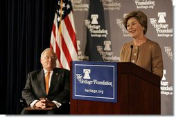 Laura Bush delivers remarks at the Heritage Foundation in New York Wednesday, Sept. 13, 2005. White House photo by Krisanne Johnson