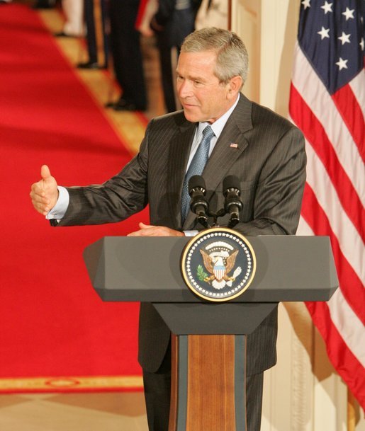 President George W. Bush speaks during an availability Tuesday, Sept. 13, 2005, with Iraq's President Jalal Talabani. Said the President, "It's an honor to welcome the first democratically elected President of Iraq to the White House." White House photo by Shealah Craighead