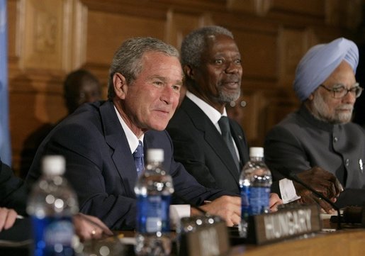 President George W. Bush, UN Secretary General Kofi Annan, center, and Prime Minister Manmohan Singh of India, far right, attend the meeting of the International Launch of the United Nations Democracy Fund in New York Wednesday, Sept. 14, 2005. White House photo by Eric Draper