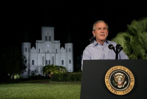 President George W. Bush delivers remarks on hurricane recovery efforts during an Address to the Nation in Jackson Square in New Orleans, La., Thursday, Sept. 15, 2005. White House photo by Eric Draper