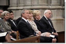 President George W. Bush, Laura Bush, Lynne Cheney and Vice President Cheney attend the National Day of Prayer and Remembrance Service at the Washington National Cathedral in Washington, D.C., Friday, Sept. 16, 2005.  White House photo by Eric Draper