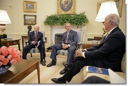 President George W. Bush meets with former President Jimmy Carter and Secretary of State James Baker, Co-Chairs of the Carter-Baker Commission on Federal Election Reform, in the Oval Office Monday, Sept. 19, 2005. White House photo by Eric Draper