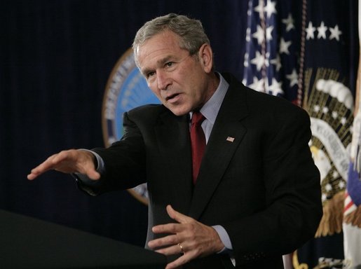 President George W. Bush gestures as he delivers a statement Thursday, Sept. 22, 2005, on the War on Terror during a visit to the Pentagon. President Bush also thanked the leadership of the Pentagon for their help in the aftermath of Hurricane Katrina. White House photo by Eric Draper