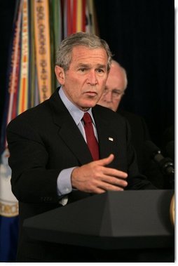 President George W. Bush delivers a statement Thursday, Sept. 22, 2005, on the War on Terror during a visit to the Pentagon. Said the President, " The only way the terrorists can win is if we lose our nerve and abandon the mission. For the security of the American people, that's not going to happen on my watch."  White House photo by Shealah Craighead