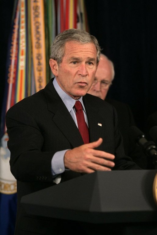 President George W. Bush delivers a statement Thursday, Sept. 22, 2005, on the War on Terror during a visit to the Pentagon. Said the President, " The only way the terrorists can win is if we lose our nerve and abandon the mission. For the security of the American people, that's not going to happen on my watch." White House photo by Shealah Craighead