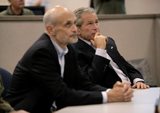 President George W. Bush and Homeland Security Secretary Michael Chertoff receive a briefing on Hurricane Rita Friday, Sept. 23, 2005 inside NORAD's U.S. Northern Command at Peterson Air Force Base in Colorado Springs, Colorado. White House photo by Eric Draper