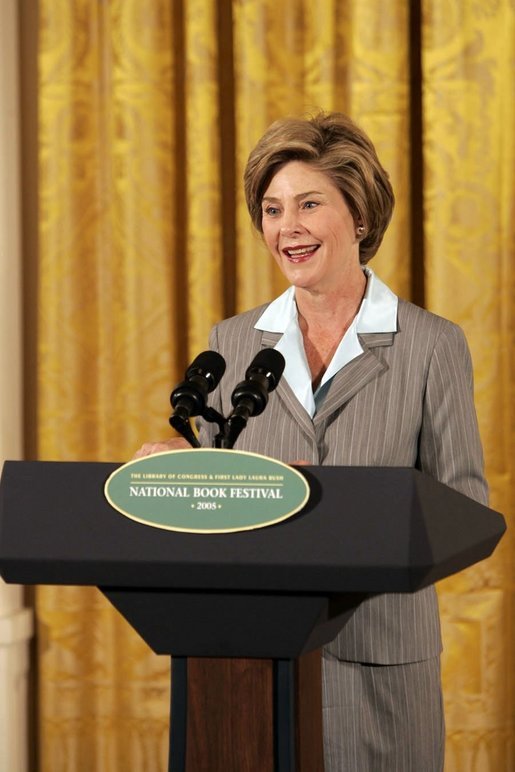 Laura Bush speaks at the National Book Festival Author's breakfast in the East Room, Saturday, Sept. 24, 2005. "Great books have brought many people through difficult times," said Mrs. Bush, explaining that the Book Festival is collecting books for schools, libraries and those affected by the recent hurricanes. "A story's setting -- real or imagined -- can provide a much-needed escape. And the characters in a good book are like old friends by the time we turn the final page." White House photo by Krisanne Johnson