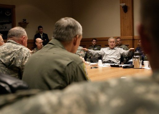 President George W. Bush participates in a briefing with the Joint Task Force on Hurricane Rita at Randolph Air Force Base, Texas, Sunday, Sept. 25, 2005. White House photo by Eric Draper
