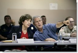 President George W. Bush and Louisiana Governor Kathleen Blanco participate in a briefing on Hurricane Rita at the FEMA Joint Field Office in Baton Rouge, Louisiana, Sunday, Sept. 25, 2005.  White House photo by Eric Draper