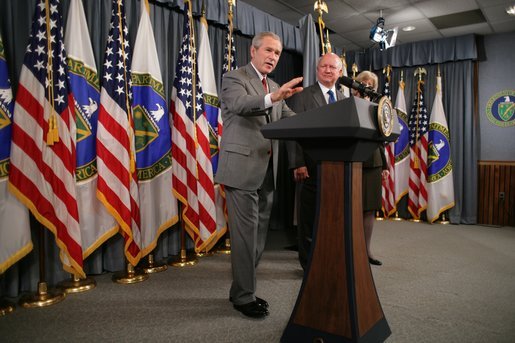President George W. Bush, appearing at the U.S. Department of Energy, Monday, Sept. 26, 2005 in Washington, talks about the effects of Hurricane Rita on the energy situation in the Gulf of Mexico. President Bush is joined by U.S. Energy Secretary Samuel W. Bodman and U.S. Interior Secretary Gale Norton. White House photo by Paul Morse
