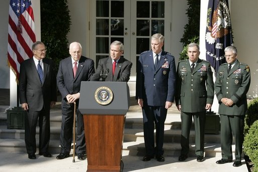 President George W. Bush issues a statement, Wednesday, Sept. 28, 2005 in the Rose Garden at the White House in Washington, on the war on terror following his meeting with U.S. Army Generals John Abizaid and George W. Casey. President Bush is also joined by Vice President Dick Cheney, Secretary of Defense Donald Rumsfeld and Joint Chiefs of Staff Chairman General Richard B. Myers. White House photo by Paul Morse
