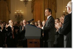 Chief Justice John Roberts acknowledges the audience after being sworn in Thursday, Sept. 29, 2005, during ceremonies in the East Room of the White House.  White House photo by Krisanne Johnson