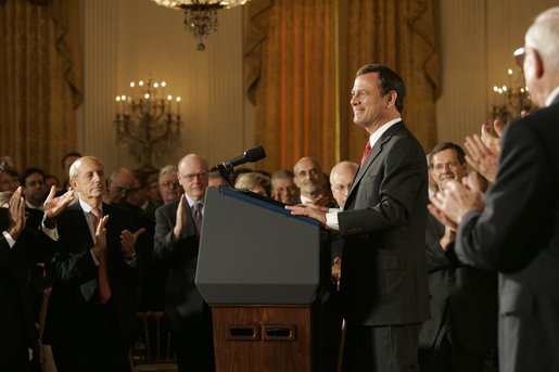 Chief Justice John Roberts acknowledges the audience after being sworn in Thursday, Sept. 29, 2005, during ceremonies in the East Room of the White House. White House photo by Krisanne Johnson