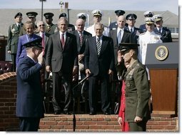 General Richard B. Myers, left, swears-in General Peter Pace, Friday, Sept. 30, 2005, as the new Chairman of the Joint Chiefs of Staff, during The Armed Forces Farewell Tribute in Honor of General Myers and the Armed Forces Hail in Honor of General Pace at Fort Myer's Summerall Field in Ft. Myer, Va., with President George W. Bush, Defense Secretary Donald Rumsfeld looking on. White House photo by Shealah Craighead