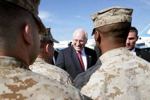 Vice President Dick Cheney shakes hands with U.S. Marine and Navy Personnel stationed at Marine Corps Air Station New River after speaking with the crowd in Jacksonville, NC, Monday October 3, 2005. White House photo by David Bohrer