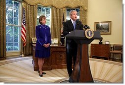 President George W. Bush nominates White House Counsel Harriet Miers as Supreme Court Justice during a statement from the Oval Office on Monday October 3, 2005.  White House photo by Paul Morse