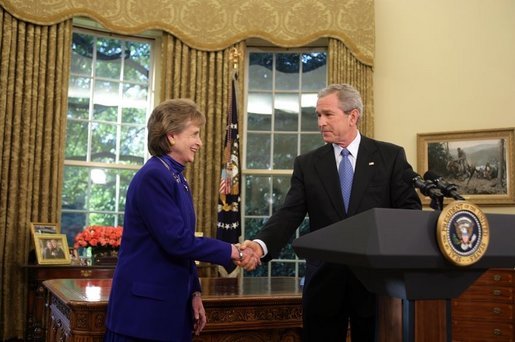 President George W. Bush nominates White House Counsel Harriet Miers as Supreme Court Justice during a statement from the Oval Office on Monday October 3, 2005. White House photo by Paul Morse