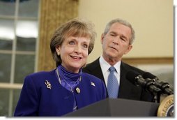 White House Counsel Harriet Miers speaks after being nominated by President George W. Bush as Supreme Court Justice during a statement from the Oval Office on Monday October 3, 2005.  White House photo by Paul Morse