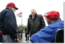 Vice President Dick Cheney talks with veterans of the 526th Armored Infantry Battalion Friday, Oct. 7, 2005, after delivering remarks during a wreath-laying ceremony at the National World War II Memorial in Washington D.C. ".You served honorably in a desperate era for our country. And in pivotal hours of the Second World War, the 526th Armored Infantry Battalion was a valiant unit.One of the great strengths of this country is the unselfish courage of the citizen who steps forward, puts on the uniform, and stands ready to go directly into the face of danger," said the Vice President during his remarks. The ceremony was in honor of the 526th Armored Infantry Battalion which is the sole remaining, separate armored infantry battalion from World War II, whose soldiers defended the Belgian villages of Stavelot and Malmedy on December 16, 1944, the first day of the Battle of the Bulge.  White House photo by David Bohrer