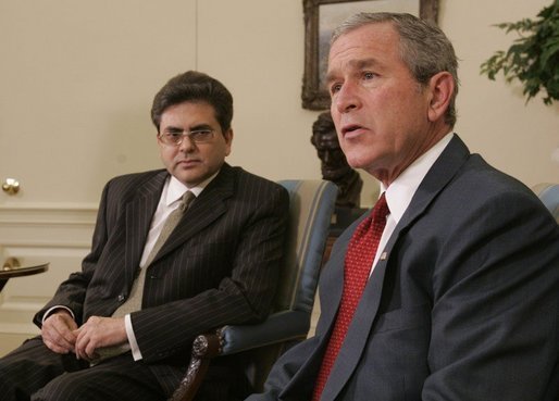 President George W. Bush meets with Pakistan's Deputy Chief of Mission, Mohammad Sadiq, Sunday, Oct. 9, 2005 in the Oval Office at the White House, to express condolences on the tragedy of the earthquake which struck Pakistan and other areas of Asia, and to pledge the support of United States aid in the recovery of the region. White House photo by Paul Morse