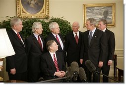President George W. Bush meets with former justices of the Texas Supreme Court Monday, Oct. 17, 2005, in the Oval Office of the White House. From left are: Former Associate Justice Eugene Cook; former Associate Justice Raul Gonzalez; Texas Attorney General and former Associate Justice Greg Abbott, seated; former Texas Chief Justice John Hill; former Associate Justice James Baker; the President, and former Associate Justice Craig Enoch.  White House photo by Eric Draper