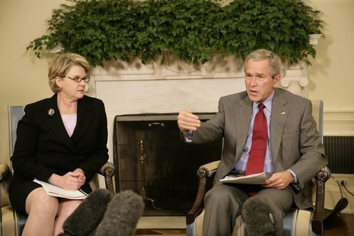 President George W. Bush and U.S. Secretary of Education Margaret Spellings meet with reporters, Wednesday, Oct. 19, 2005 in the Oval Office at the White House to discuss the Nation's Report Card. White House photo by Eric Draper