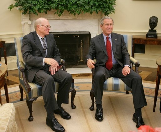 President George W. Bush meets with U.S. Ambassador to Afghanistan, Ronald Neumann, Monday, Oct. 24, 2005 in the Oval Office of the White House in Washington. White House photo by Paul Morse