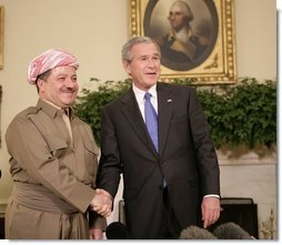 President George W. Bush welcomes Massoud Barzani, the President of the Kurdistan regional government of Iraq, to the Oval Office at the White House, Tuesday, Oct. 25, 2005.  White House photo by Eric Draper