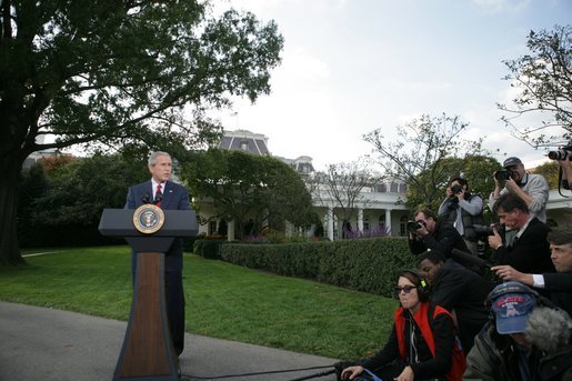 President George W. Bush speaks to the media on the South Lawn regarding the resignation Friday, Oct. 28, 2005, of Vice Presidential Chief of Staff Scooter Libby. White House photo by Paul Morse
