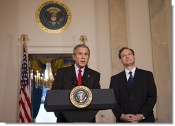 President George W. Bush announces his nomination Monday, Oct. 31, 2005, of Philadelphia Appeals Court Judge Samuel A. Alito, Jr., for Associate Justice of the U.S. Supreme Court, to replace the retiring Justice Sandra Day O'Connor.  White House photo by Paul Morse