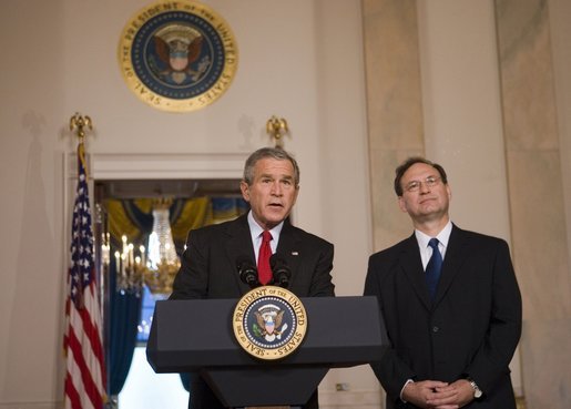 President George W. Bush announces his nomination Monday, Oct. 31, 2005, of Philadelphia Appeals Court Judge Samuel A. Alito, Jr., for Associate Justice of the U.S. Supreme Court, to replace the retiring Justice Sandra Day O'Connor. White House photo by Paul Morse