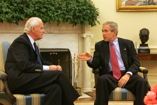 President George W. Bush sits with Donald Powell, Chairman of the Federal Deposit Insurance Corp., in the Oval Office Tuesday, Nov. 1, 2005. The President selected Mr. Powell to be the coordinator of federal support for the Gulf Coast's recovery and rebuilding. White House photo by Shealah Craighead