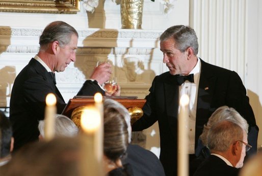 President George W. Bush and the Prince of Wales toast one another during a dinner at the White House, Wednesday evening, Nov. 2, 2005. White House photo by Krisanne Johnson