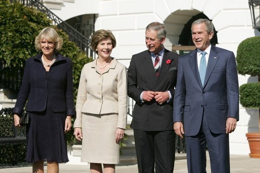 President George W. Bush and Laura Bush welcome the Prince of Wales and Duchess of Cornwall to the White House, Wednesday, Nov. 2, 2005. White House photo by Paul Morse