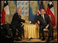 President George W. Bush and Chilean President Ricardo Lago Escobar exchange handshakes Friday, Nov. 4, 2005, during their bilateral meeting at the Sheraton Mar del Plata Hotel in Mar del Plata, Argentina. White House photo by Eric Draper