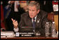 President George W. Bush emphasizes a point as he speaks during the opening session Friday, Nov. 4, 2005, of the 2005 Summit of the Americas in Mar del Plata, Argentina. White House photo by Eric Draper