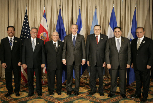 President George W. Bush stands with CAFTA-DR leaders while attending the Summit of the Americas in Mar del Plata, Argentina, Friday, Nov. 4, 2005. From left, they are: President Leonel Fernandez Reyna of Dominican Republic; President Oscar Berger Perdomo of Guatemala; President Enrique Bolanos Geyer of Nicaragua; President Abel de Jesus Pacheco de la Espriella of Costa Rica; President Elias Antonio Saca Gonzalez of El Salvador and Vice President Alberto Diaz Lobo of Honduras. White House photo by Eric Draper