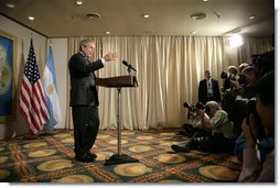 President George W. Bush meets with the traveling press pool Friday, Nov. 4, 2005, at the Sheraton Mar del Plata in Mar del Plata, Argentina. The President thanked the media for coming and said he was pleased to be in Argentina. White House photo by Eric Draper