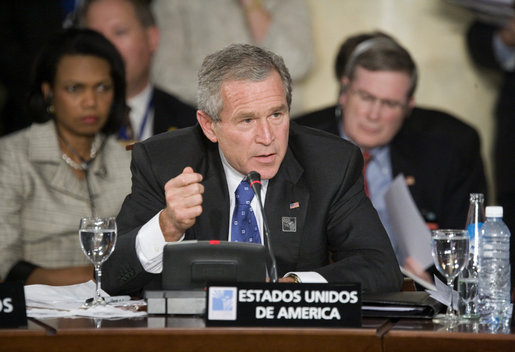President George W. Bush emphasizes a point as he speaks Saturday, November 5, 2005, during the 2005 Summit of the Americas in Mar del Plata, Argentina. White House photo by Eric Draper