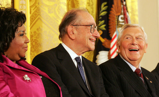 Presidential Medal of Freedom recipients, Arthea Franklin, Alan Greenspan and Andy Griffith, react to comments, Wednesday, Nov. 9, 2005, during ceremonies at the White House. White House photo by Shealah Craighead