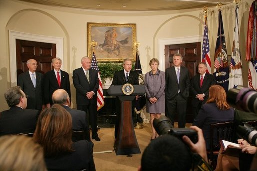 President George W. Bush delivers remarks in the Roosevelt Room of the White House, Wednesday, Nov. 9, 2005, updating the United States continuing efforts in assisting the victims of the South Asia earthquake. White House photo by Shealah Craighead