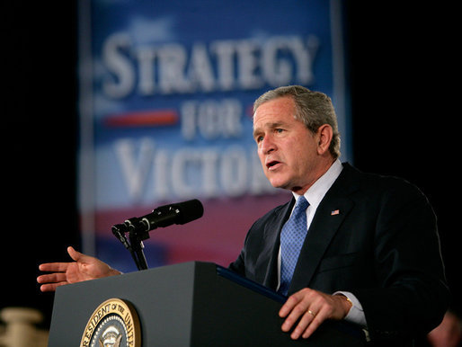 President George W. Bush gestures as he delivers remarks on the war on terror, Friday, Nov. 11, 2005 at the Tobyhanna Army Depot in Tobyhanna, Pa. White House photo by Eric Draper