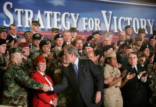 President George W. Bush greets the audience after delivering remarks on the war on terror, Friday, Nov. 11, 2005 at the Tobyhanna Army Depot in Tobyhanna, Pa. White House photo by Eric Draper