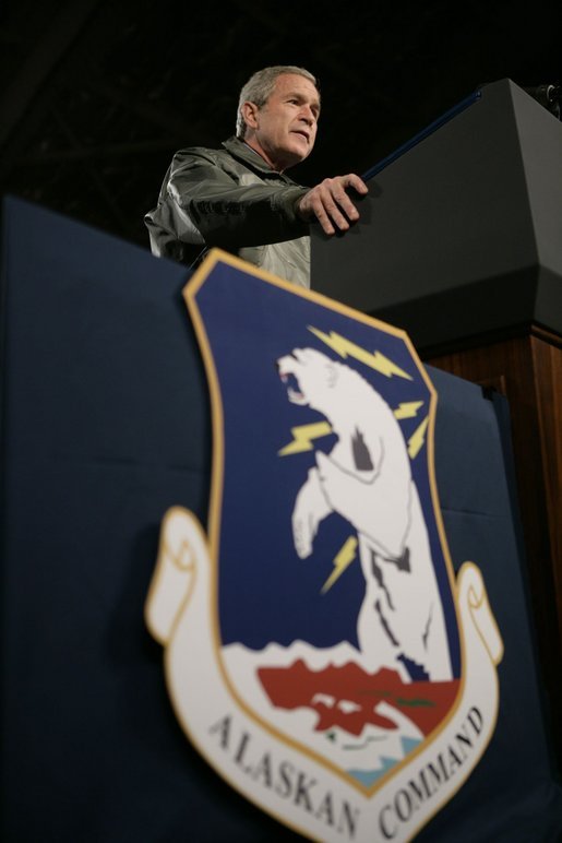 President George W. Bush speaks from the podium inside Hangar One at Elmendorf Air Force Base Monday, Nov. 14, 2005, during his remarks on the War on Terror. The Anchorage stop was his first of a seven-day trip to Asia. White House photo by Eric Draper