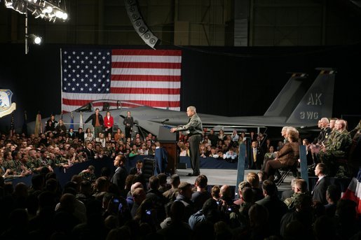 President George W. Bush speaks on the War on Terror in Hangar One at Elmendorf Air Force Base Monday, Nov. 14, 2005, in Anchorage, Alaska, the first stop on the President’s trip to Asia. White House photo by Paul Morse