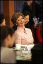 Laura Bush sits with women leaders during a discussion Saturday, Nov. 19, 2005, at the Dong Nae Byel Jang Restaurant in Busan, Korea. White House photo by Shealah Craighead