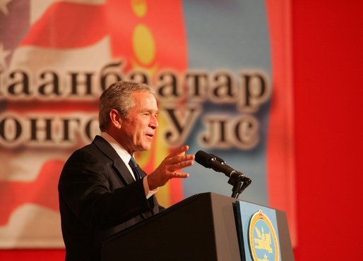 President George W. Bush delivers remarks Monday, Nov. 21, 2005, during his stop in Ulaanbaatar, Mongolia. White House photo by Shealah Craighead